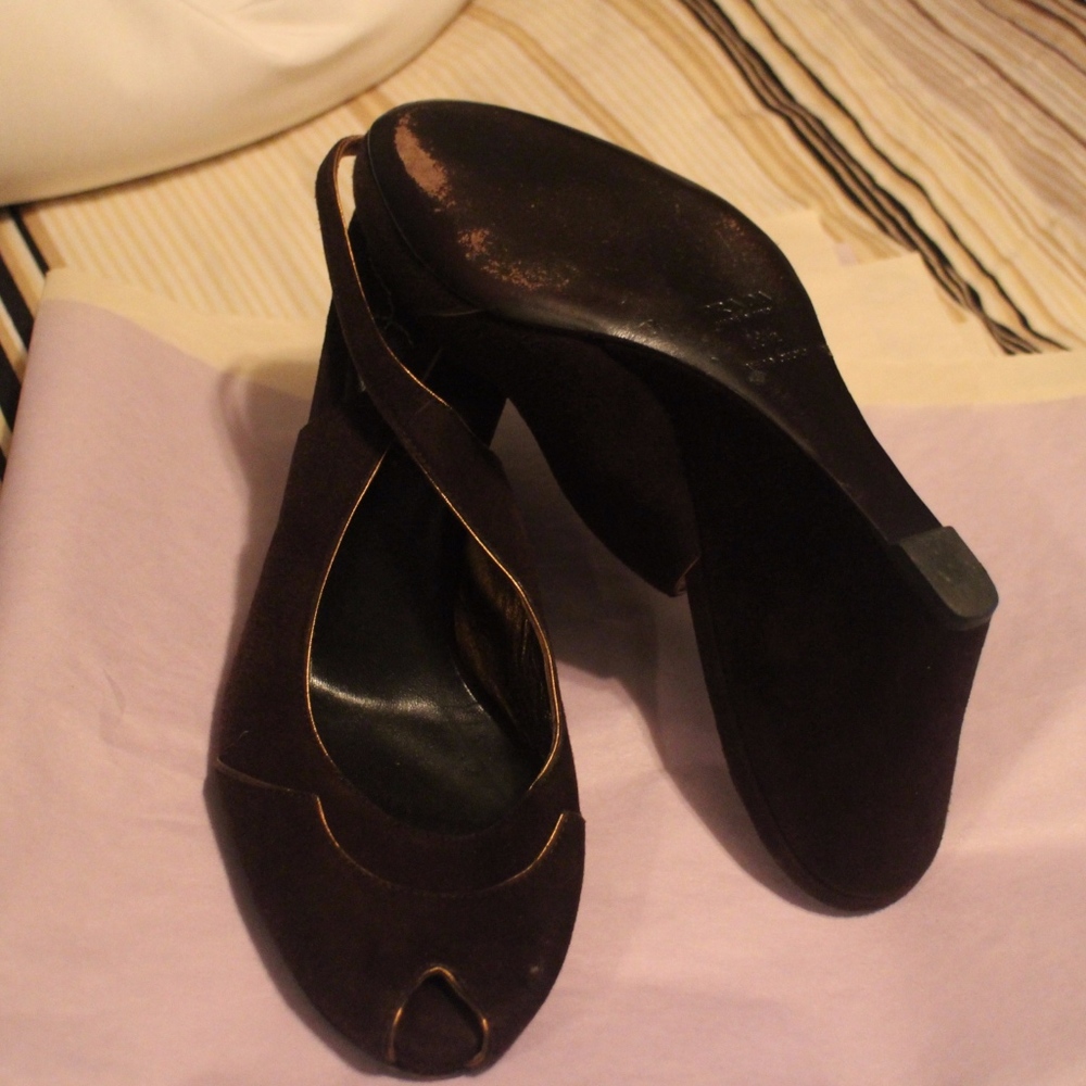 PRADA Brown Suede Brown Trim Peep Toe Wedge Heel